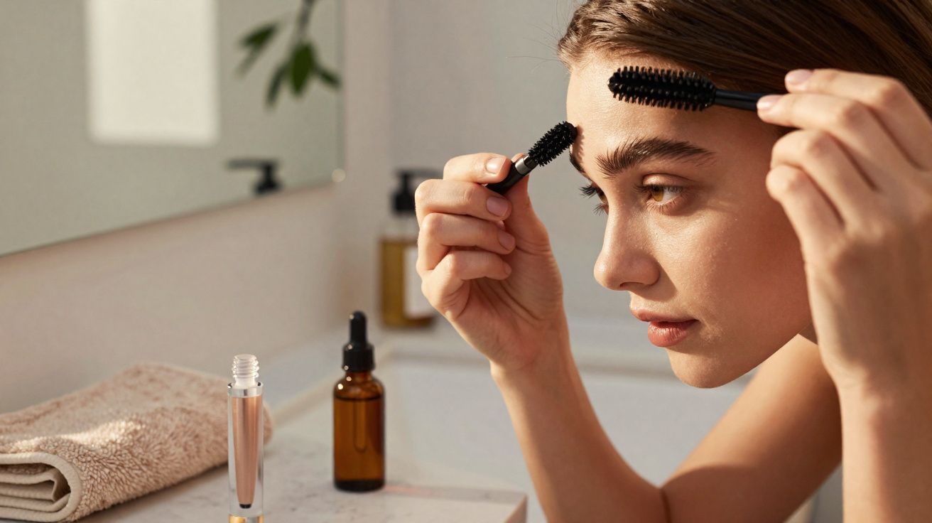 Kobieta pielęgnująca brwi za pomocą szczoteczki nad umywalką w łazience.