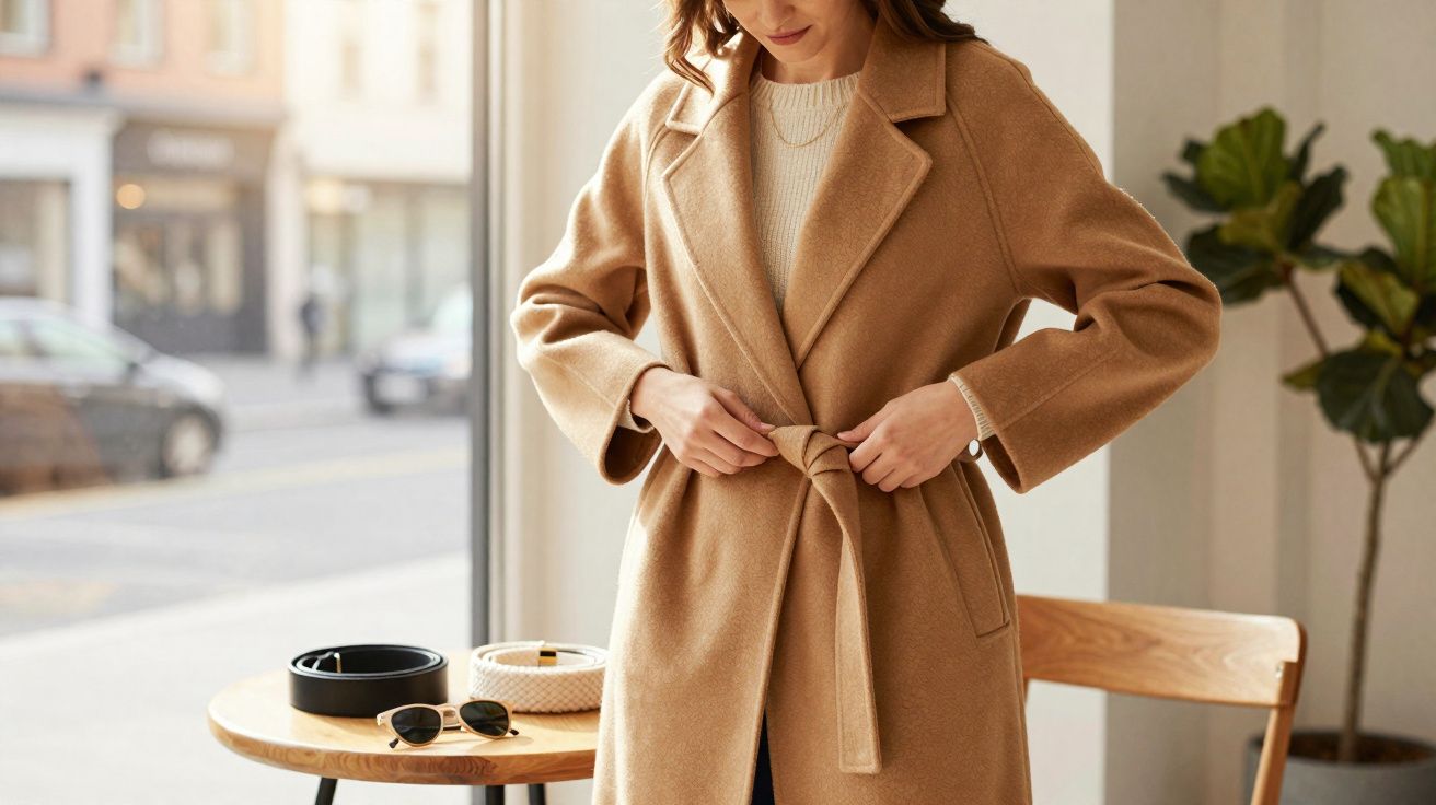Kobieta zapinająca beżowy płaszcz w jasnym pomieszczeniu przy okrągłym stole z okularami przeciwsłonecznymi.