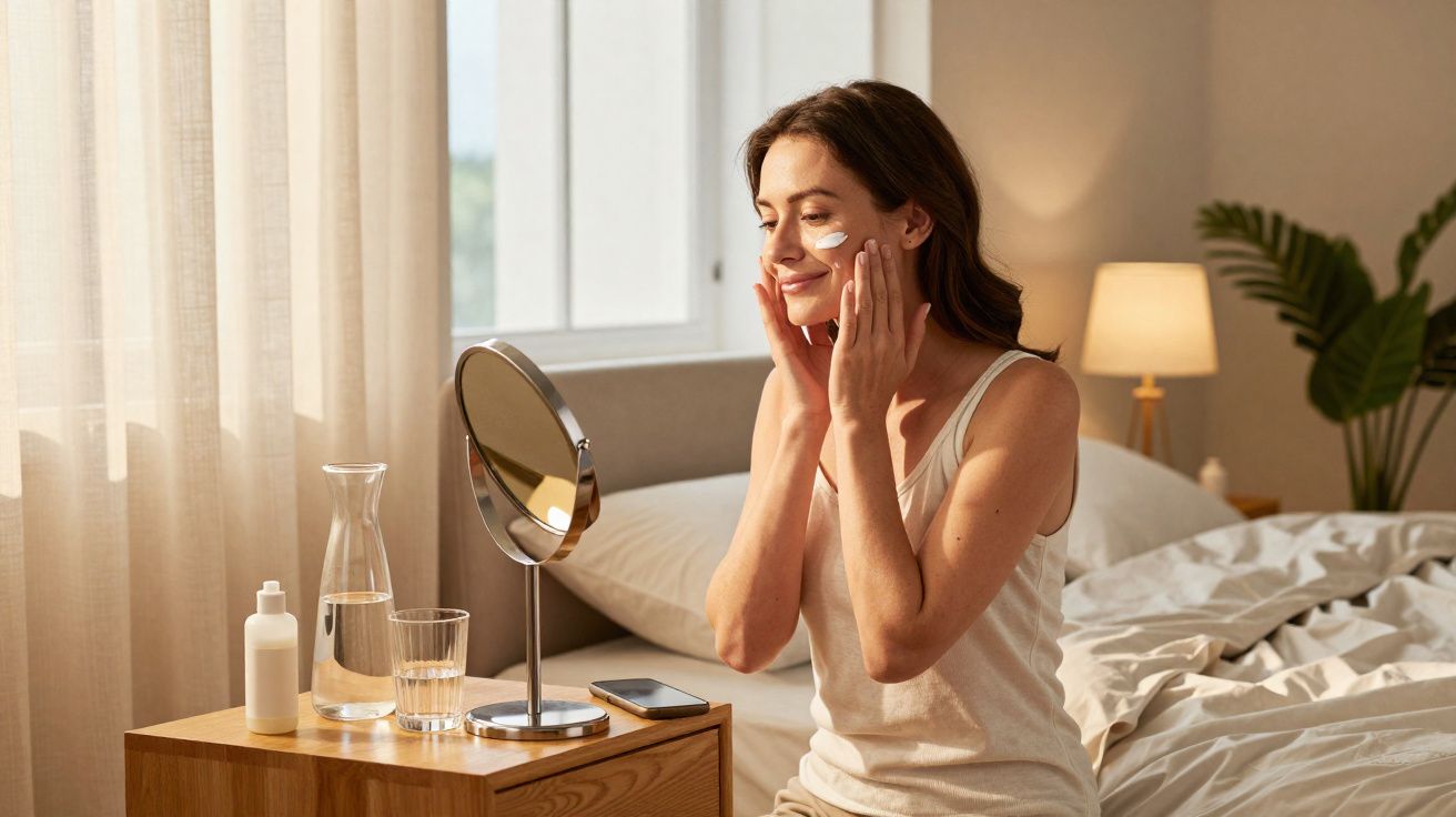 Kobieta nakłada krem na twarz siedząc przy lustrze w słonecznej, przytulnej sypialni.