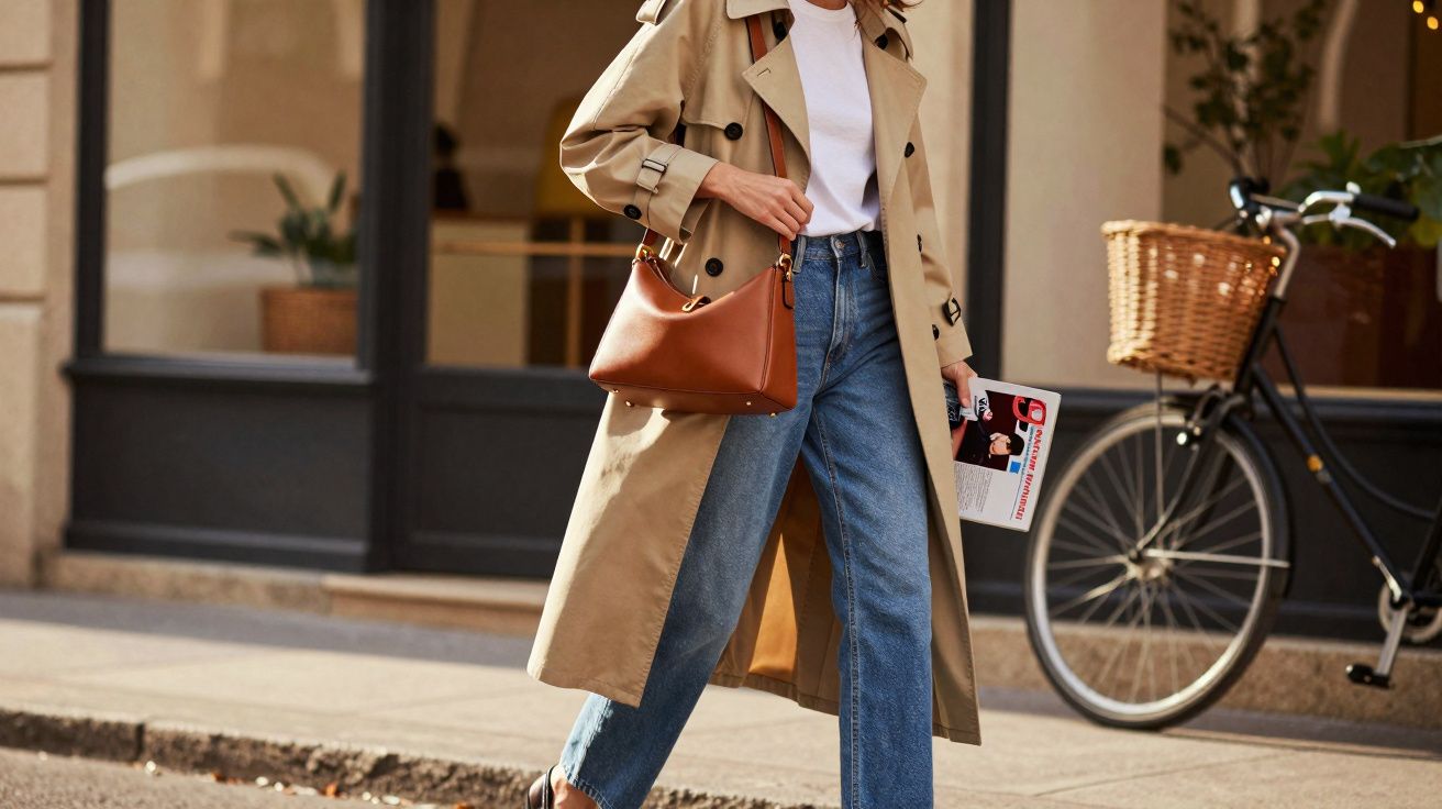 Kobieta w beżowym prochowcu, białej koszulce i jeansach, idąca ulicą z brązową torebką i magazynem w ręku.
