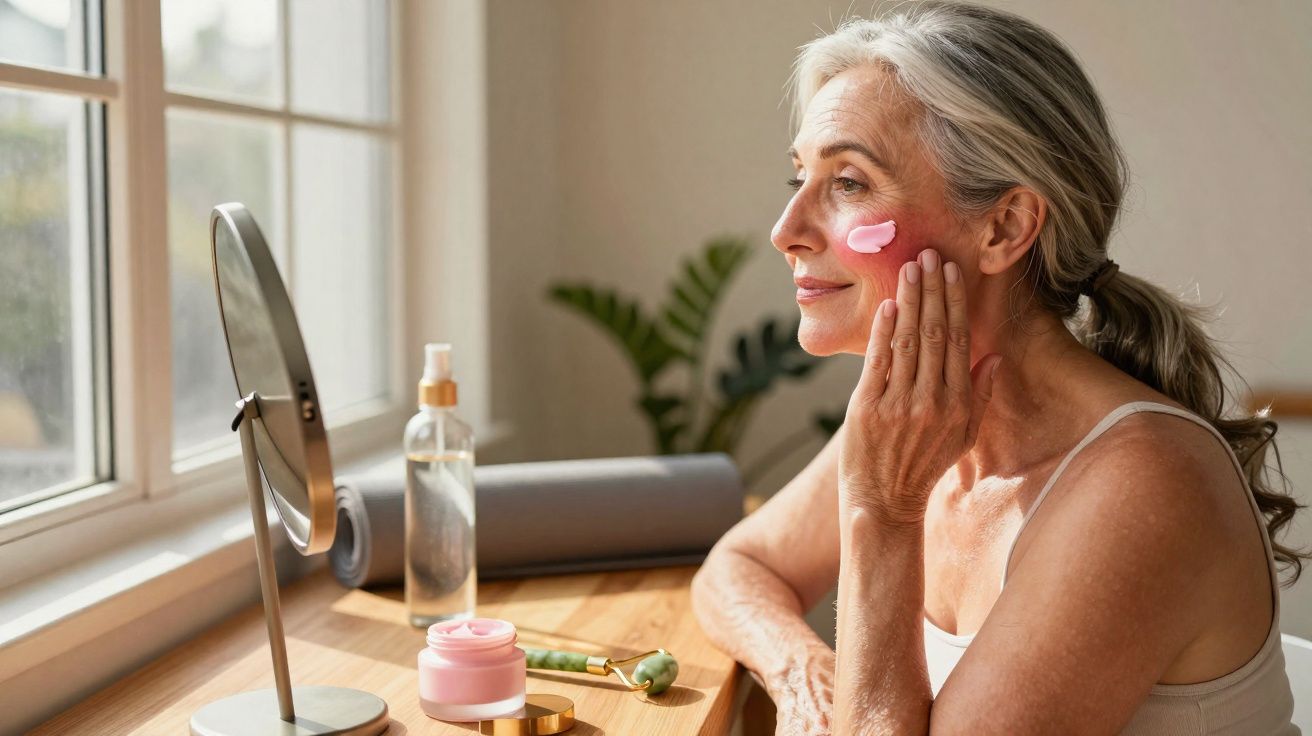 Starsza kobieta nakłada różowy krem na policzek siedząc przy toaletce z lustrem i kosmetykami.