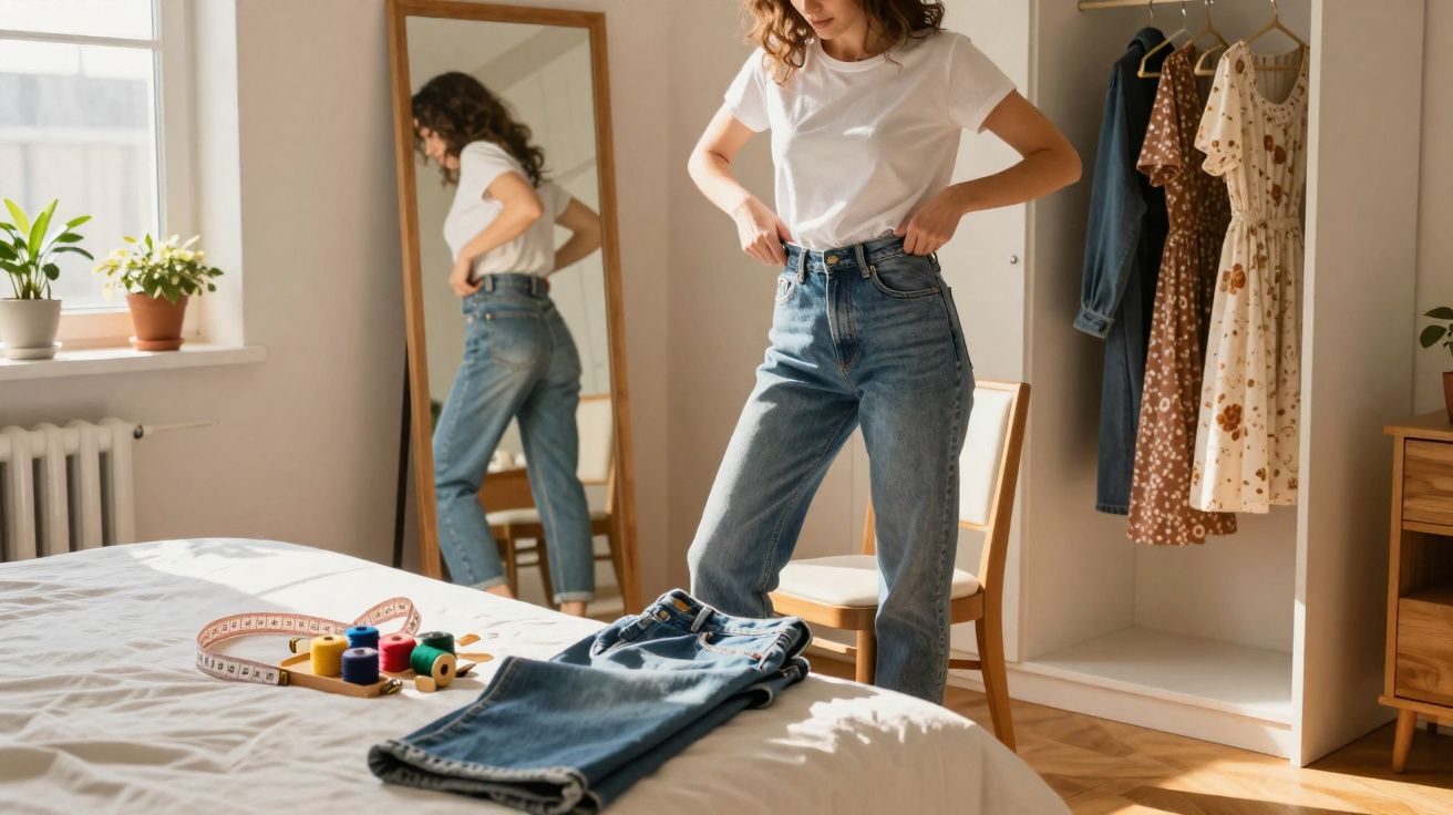 Kobieta mierząca spodnie przed lustrem w jasnym pokoju z garderobą i młynkiem na łóżku.