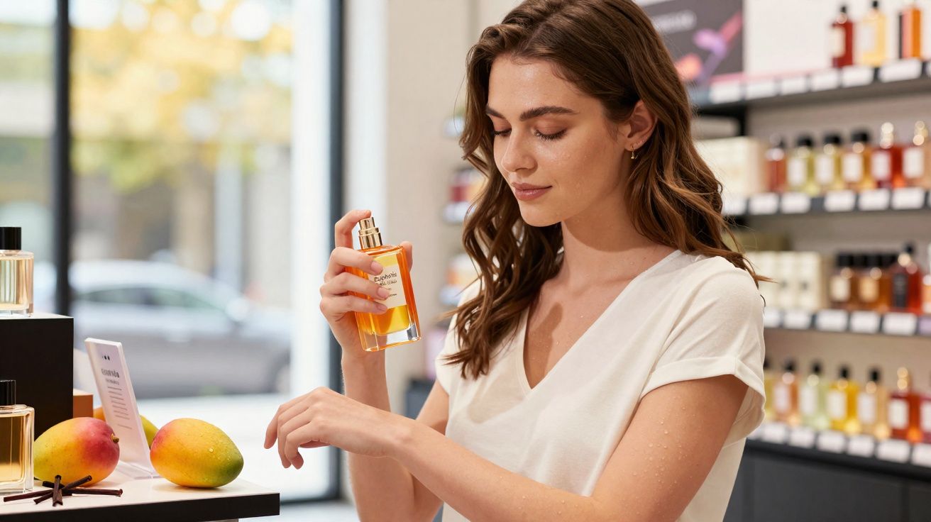 Kobieta testuje perfumy na nadgarstku w sklepie z kosmetykami, obok mango i flakoniki.