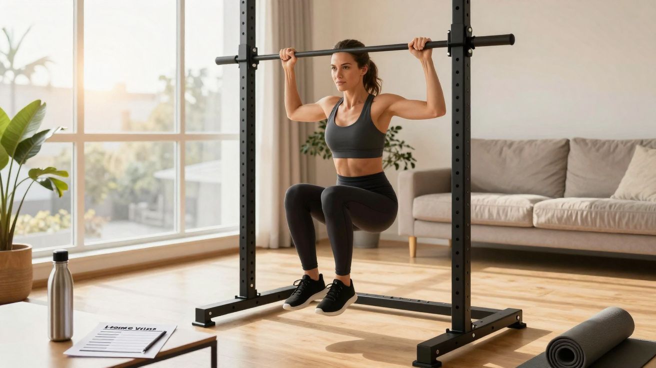 Kobieta wykonująca podciąganie na drążku w domu, w sportowym stroju, w jasnym, przestronnym pokoju.