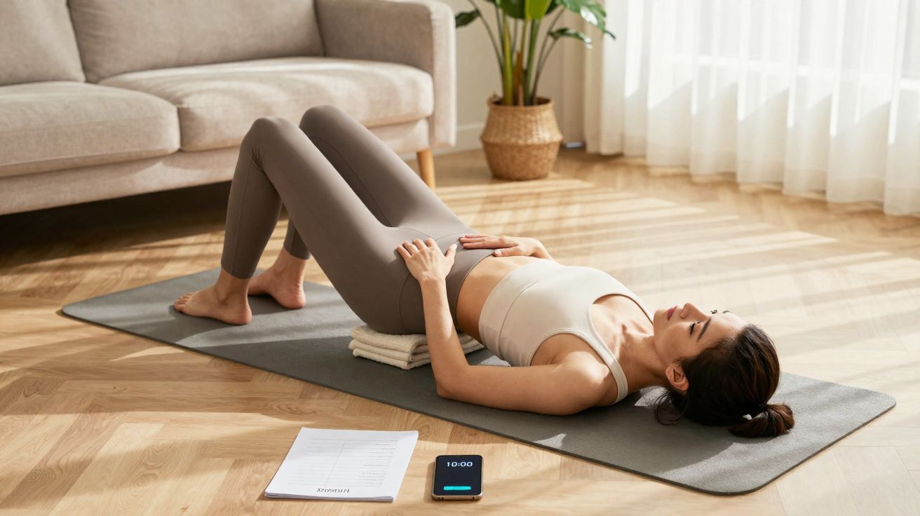 Kobieta leżąca na macie do ćwiczeń w domu, ćwiczy relaksację z telefonem i notatkami obok.