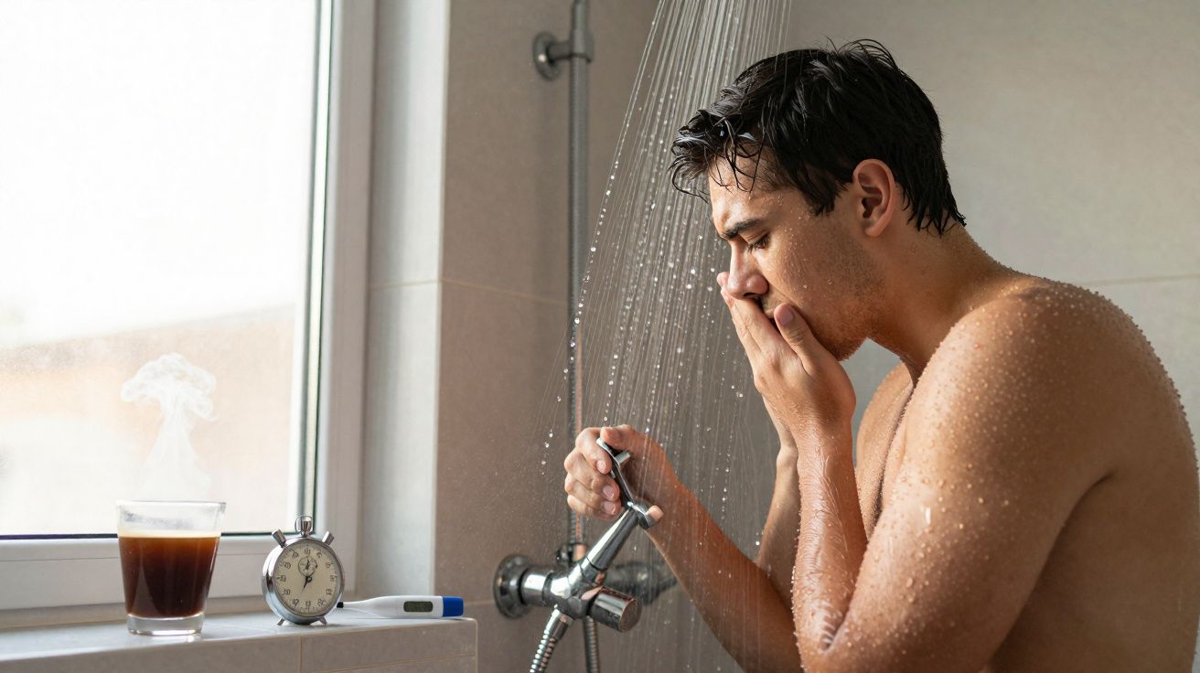 Mężczyzna bierze prysznic i dotyka twarzy, obok parująca herbata, budzik i termometr na parapecie.