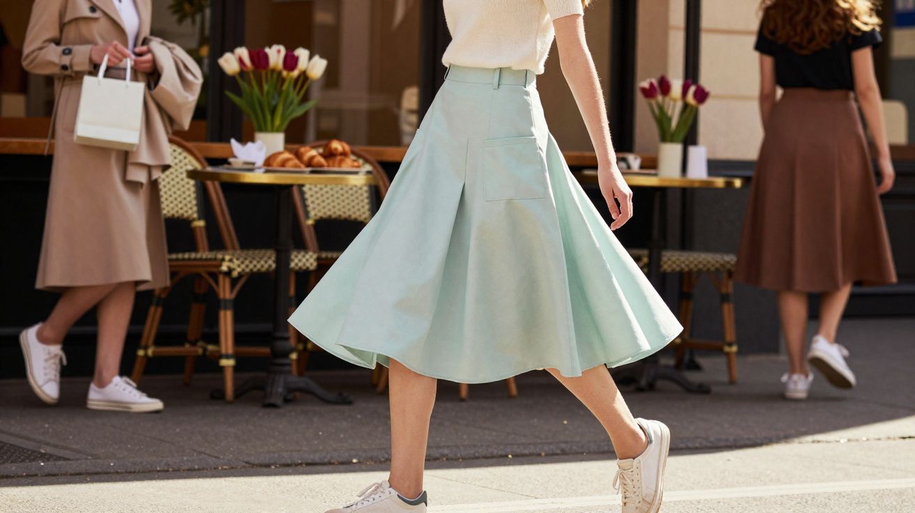 Kobieta w jasnej spódnicy i białych trampkach idzie ulicą, w tle dwie inne osoby i kawiarnia.