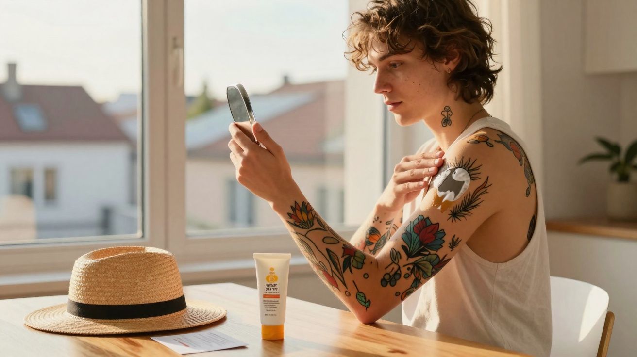 Młoda osoba z tatuażami siedzi przy stole i ogląda się w lusterku, na stole kapelusz i krem do opalania.