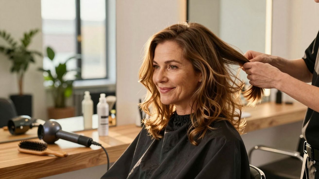 Kobieta u fryzjera, siedzi w fotelu, stylistka układa jej włosy w salonie fryzjerskim.