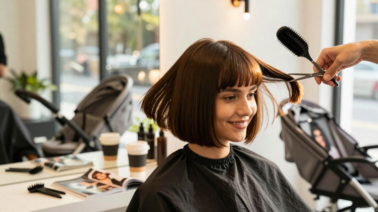 Kobieta uśmiecha się podczas strzyżenia włosów w nowoczesnym salonie fryzjerskim.