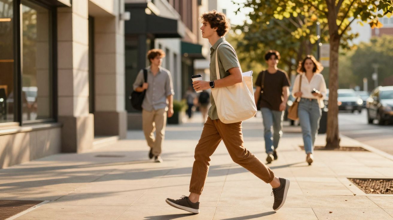 Młody mężczyzna z torbą na ramię i kawą w ręku idzie chodnikiem miasta w słoneczny dzień.