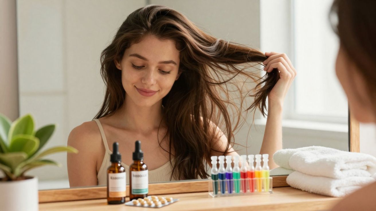 Kobieta z długimi włosami patrzy w lustro, obok leżą buteleczki kosmetyków i ręczniki.