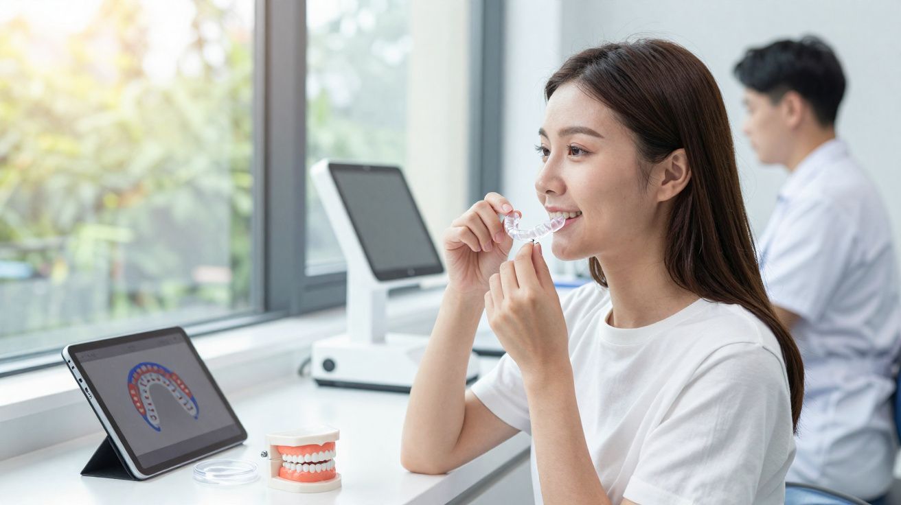 Młoda kobieta zakładająca przezroczystą nakładkę ortodontyczną w gabinecie stomatologicznym.
