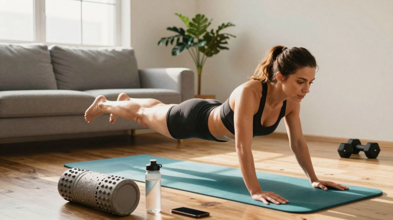 Kobieta ćwiczy plank na macie w salonie z wałkiem do masażu, butelką wody i hantlami w tle.