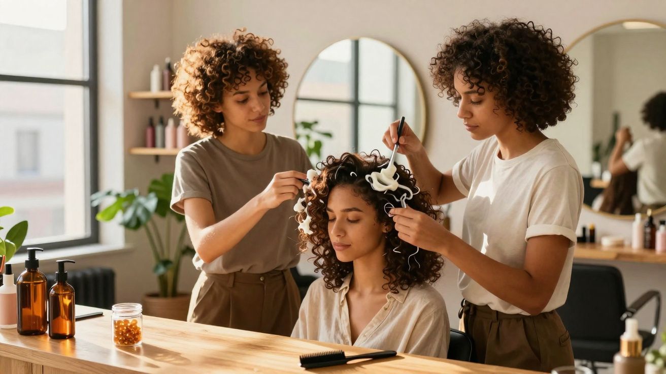 Kobieta siedzi w salonie, dwie stylistki nakładają jej kosmetyki do pielęgnacji i stylizacji włosów.