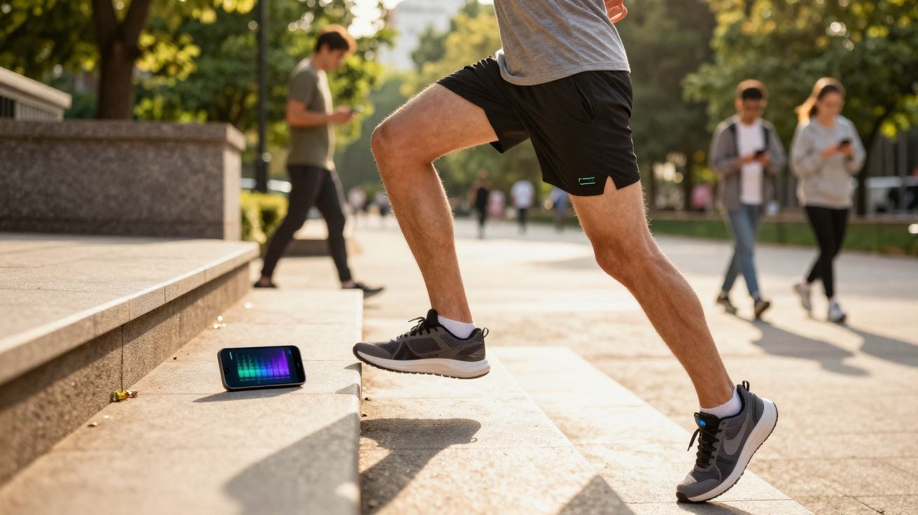 Człowiek w sportowych butach wykonuje krok w górę po schodach na zewnątrz, telefon gra muzykę obok.