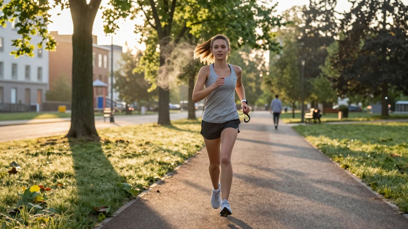 Młoda kobieta w sportowym stroju biegnie ścieżką w parku o poranku, wokół drzewa i zieleń.