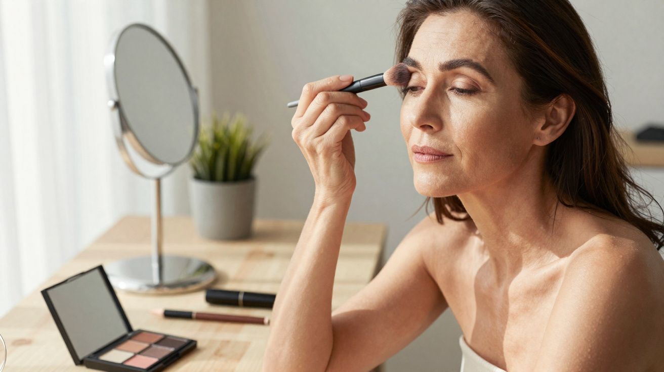 Kobieta nakłada makijaż pędzlem do cieni na powiece siedząc przy toaletce z lustrem i kosmetykami.