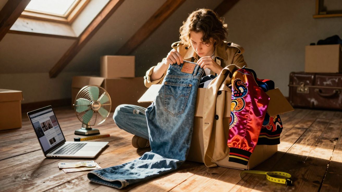 Młoda kobieta siedzi na podłodze poddasza, przeglądając ubrania z kartonu podczas pakowania.