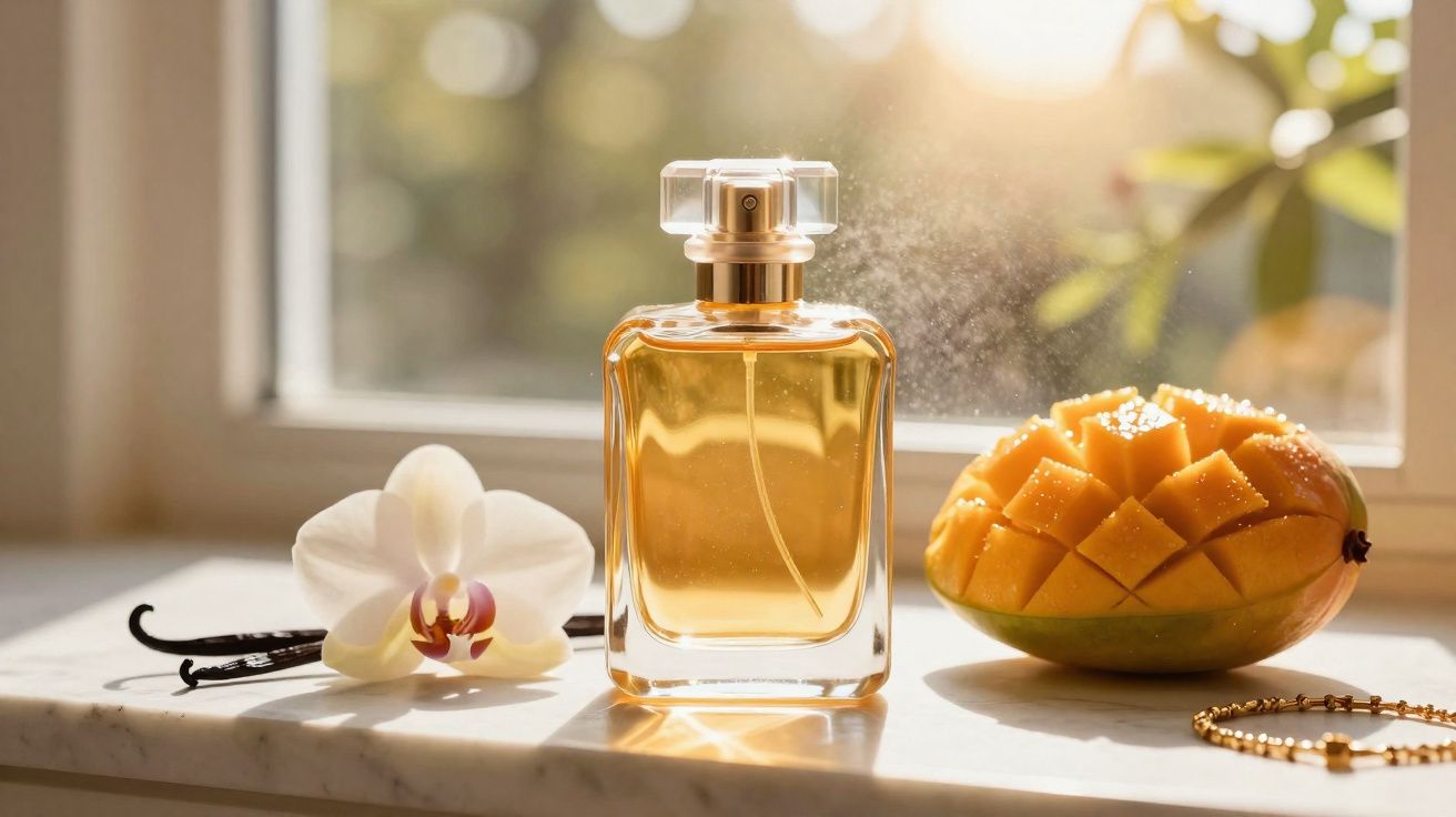 Perfum w szklanej butelce obok kwiatka orchidei i pokrojonego mango na parapecie przy słonecznym oknie