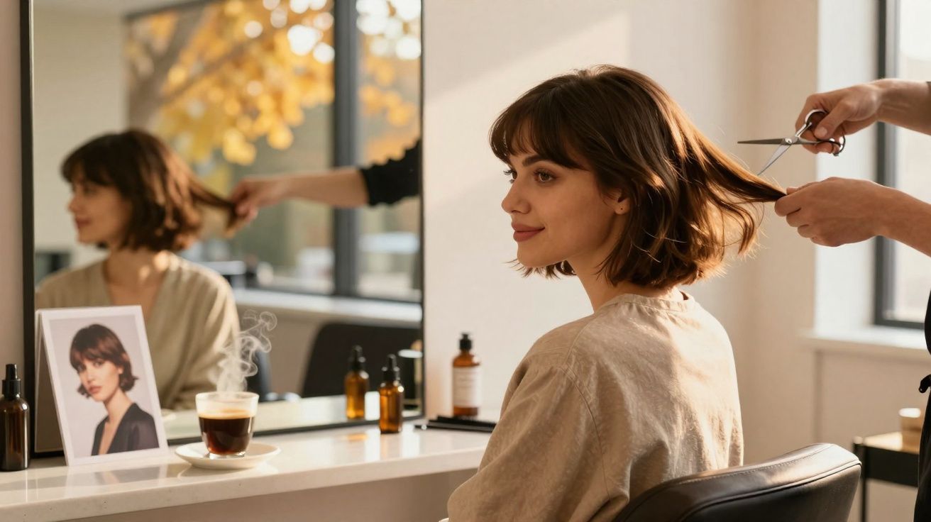 Kobieta z krótkimi brązowymi włosami siedzi u fryzjera, przygotowując się do strzyżenia.