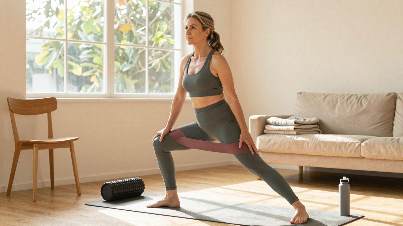 Kobieta ćwicząca w pomieszczeniu, w stroju sportowym, wykonująca rozciąganie z gumą oporową na macie.