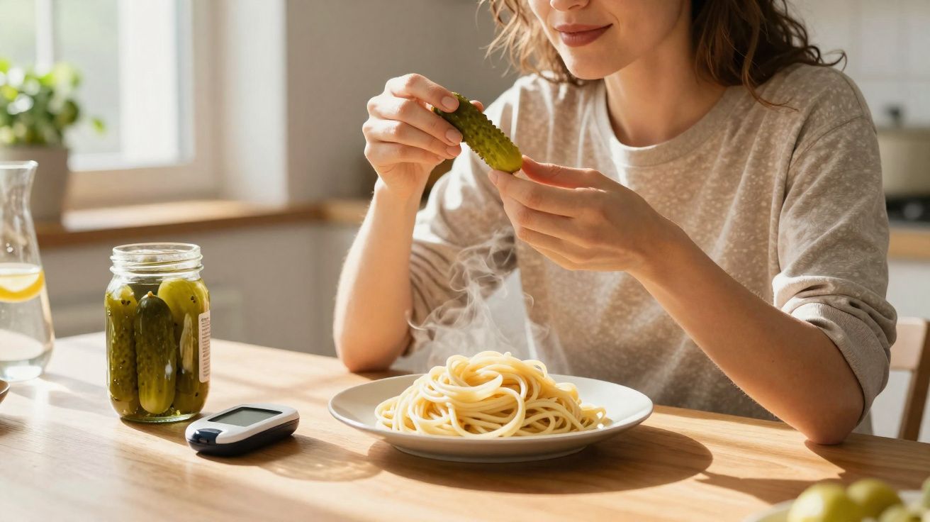 Kobieta siedzi przy stole i trzyma ogórka kiszonego nad talerzem spaghetti w jasnej kuchni.