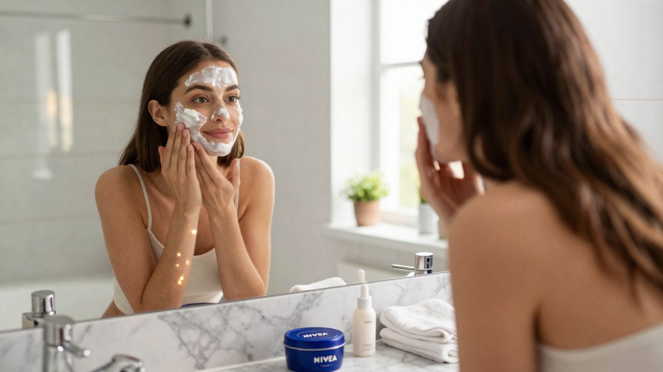 Młoda kobieta nakłada krem na twarz stojąc przed lustrem w łazience.