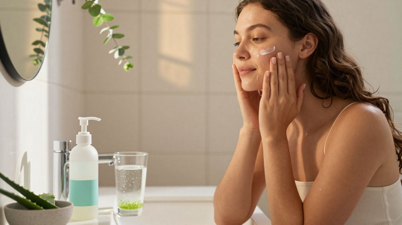 Młoda kobieta nakłada krem na twarz w jasnej łazience przy lustrze.