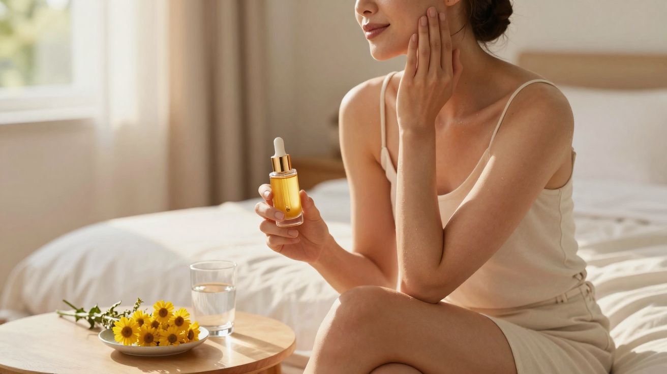 Kobieta trzyma butelkę z serum do twarzy, siedząc na łóżku obok stolika z wodą i kwiatami.