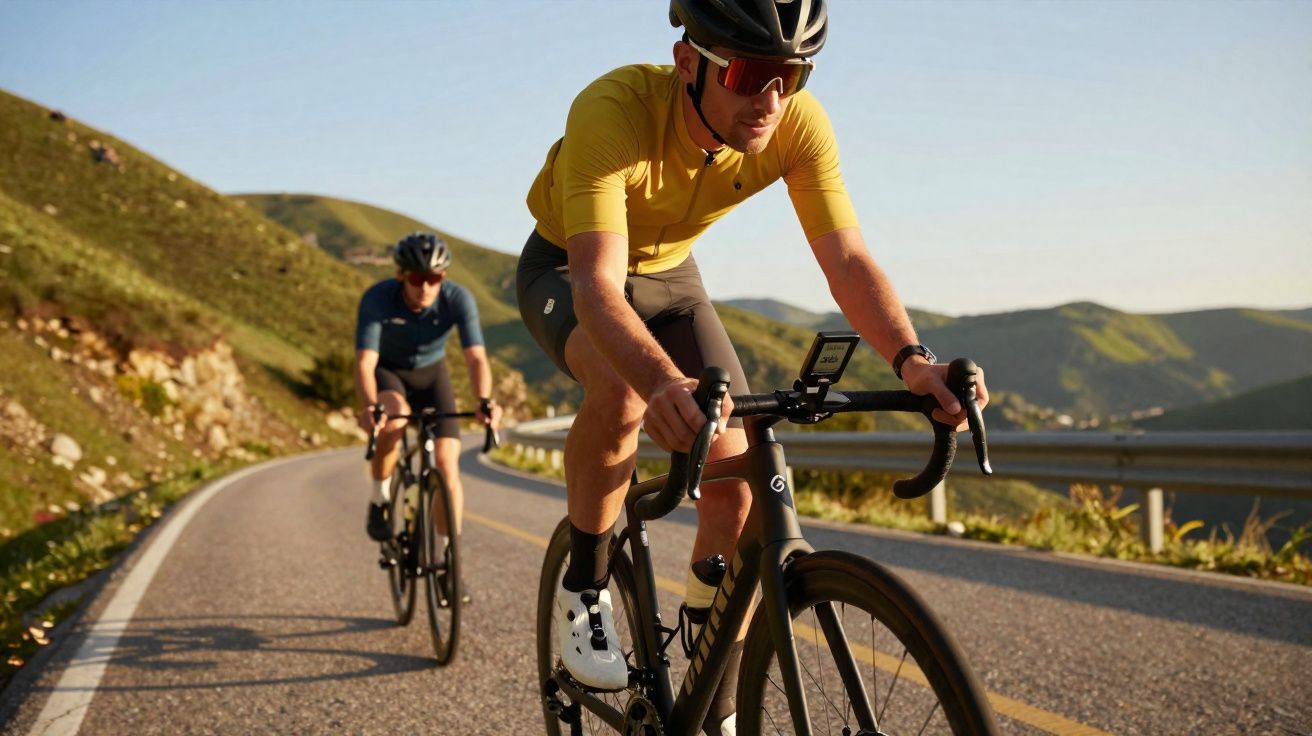 Dwóch rowerzystów w kaskach jeździ po górskiej asfaltowej drodze w słoneczny dzień.