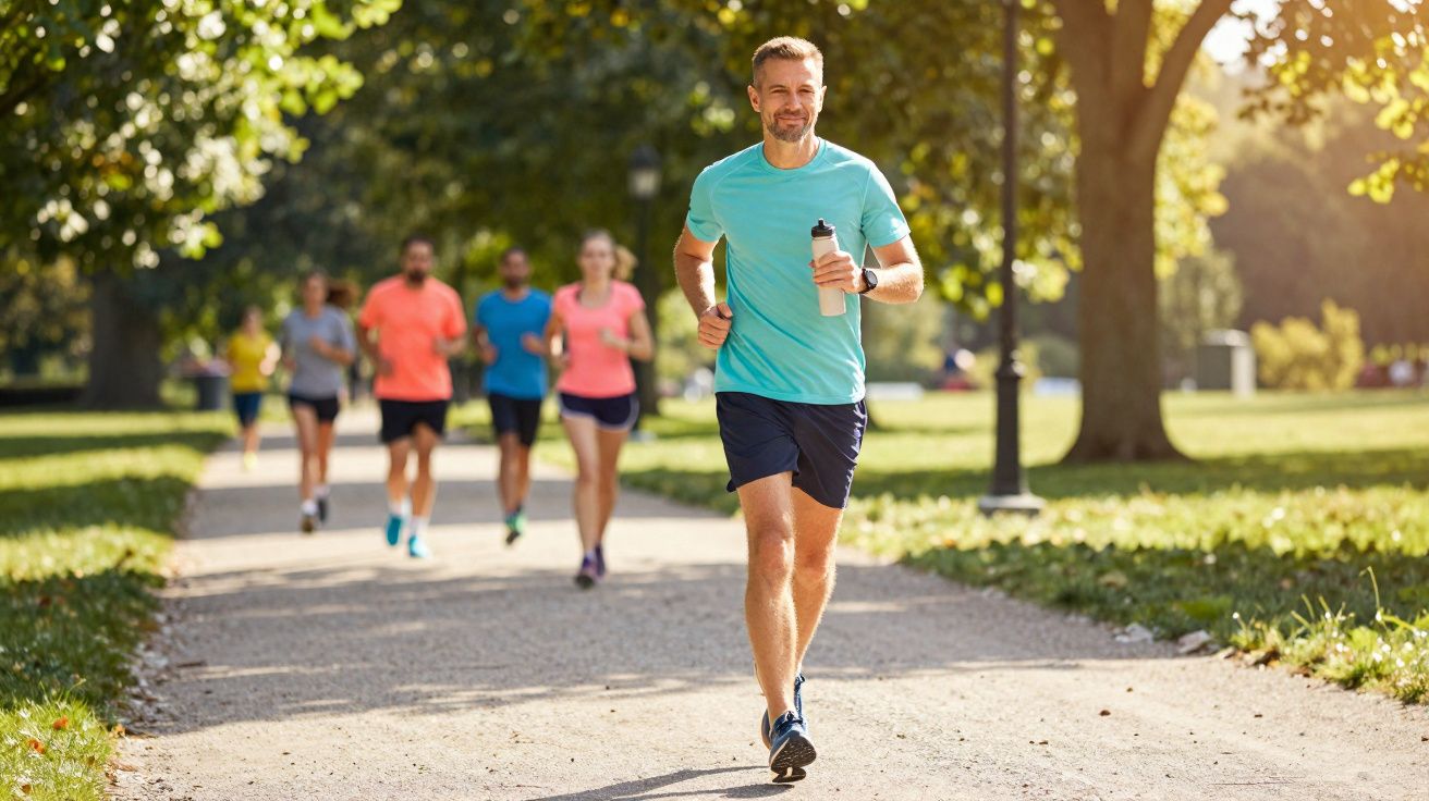 Mężczyzna biegnący z butelką w wodą, grupa osób joggingujących w parku w słoneczny dzień.