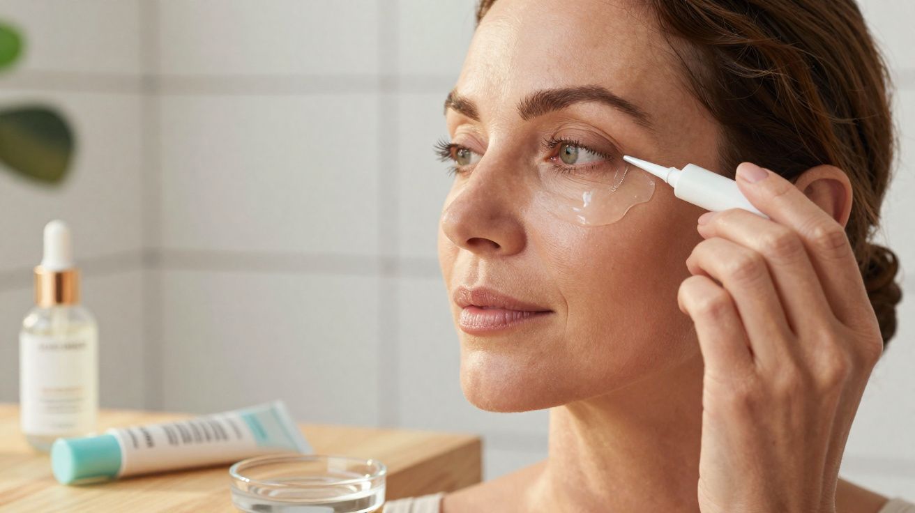Kobieta nakłada serum pod oczy, widoczne kosmetyki na stole w jasnym pomieszczeniu.