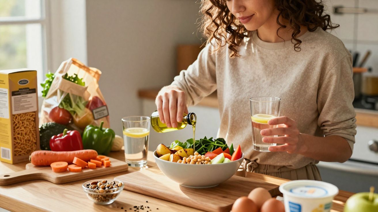 Kobieta wylewa oliwę na warzywną sałatkę w jasnej kuchni z owocami i warzywami na stole.