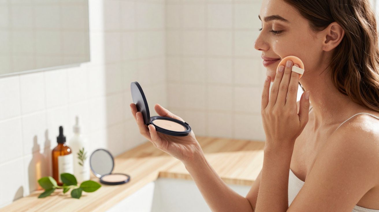 Kobieta nakłada puder, trzymając lusterko w łazience z drewnianym blatem i kosmetykami.