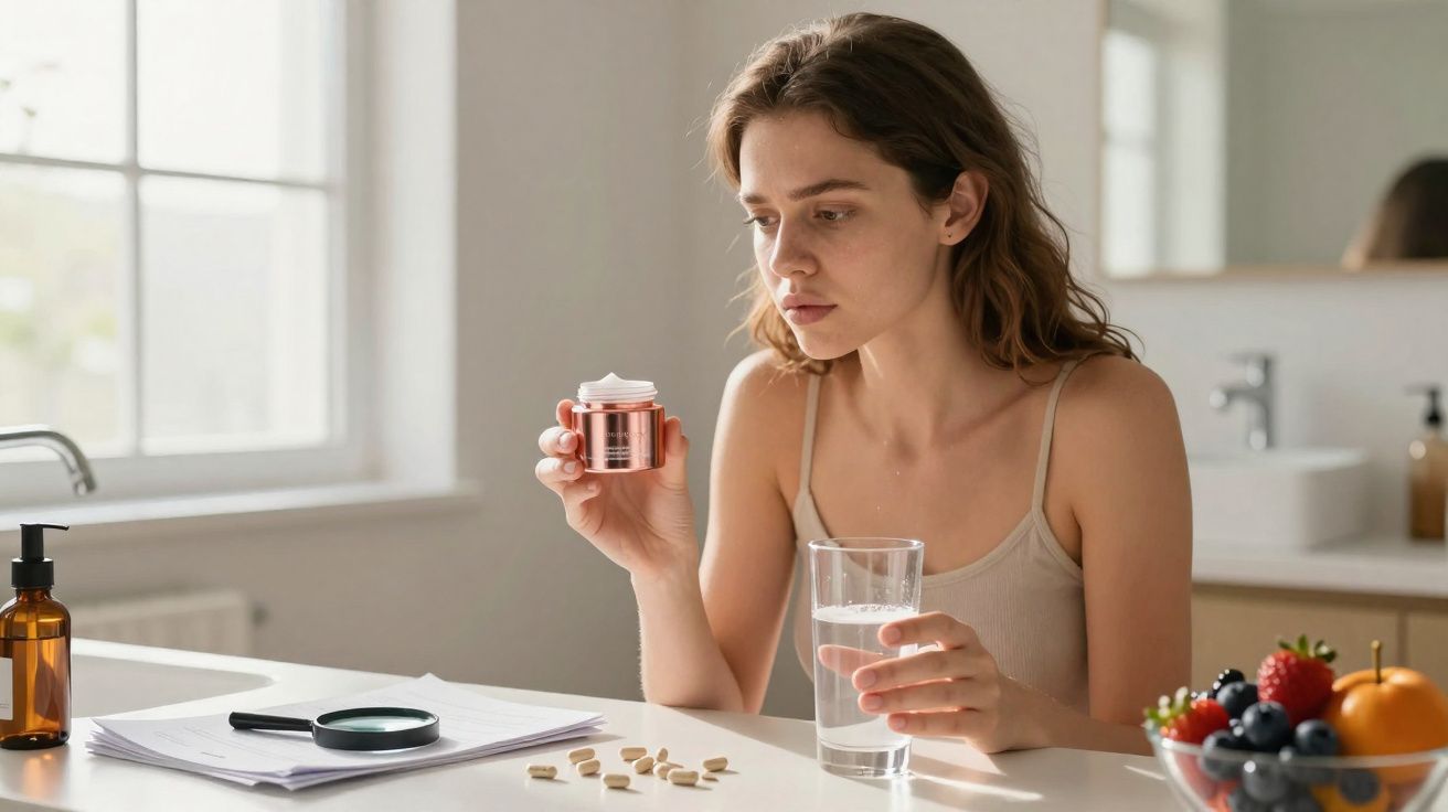Młoda kobieta trzyma słoik kremu i szklankę wody przy stole z rozrzuconymi tabletkami i dokumentami.