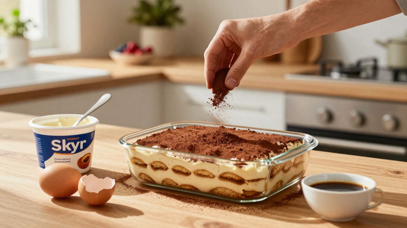 Ręka posypuje kakao na domowe tiramisu w szklanym naczyniu na kuchennym blacie.
