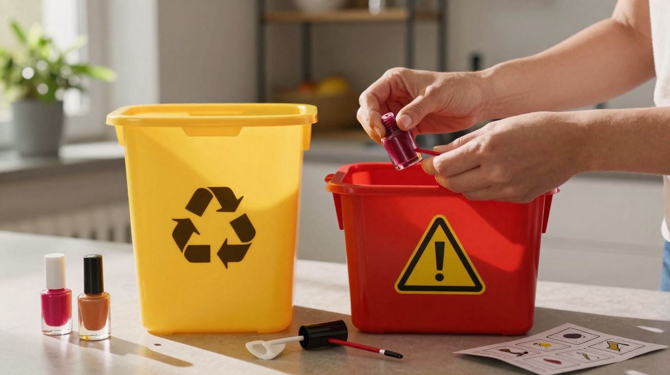 Osoba segreguje lakier do paznokci do pojemnika na odpady niebezpieczne obok żółtego pojemnika na recykling.