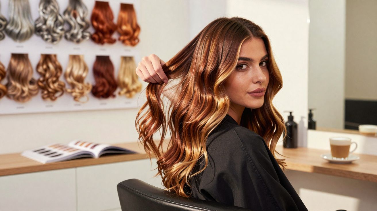 Kobieta prezentuje długie, falowane rude włosy w salonie fryzjerskim z próbkami kolorów na ścianie.