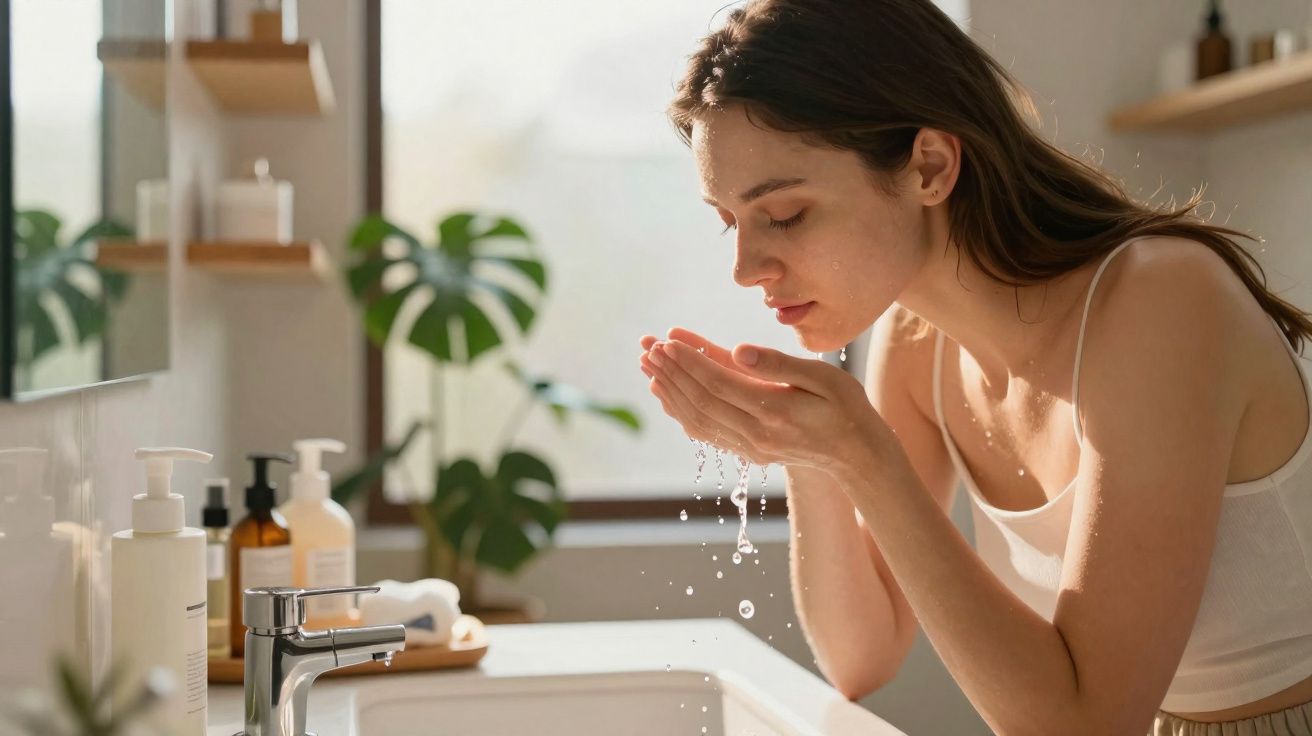 Młoda kobieta myje twarz wodą w jasnej łazience z roślinami i kosmetykami na blacie.