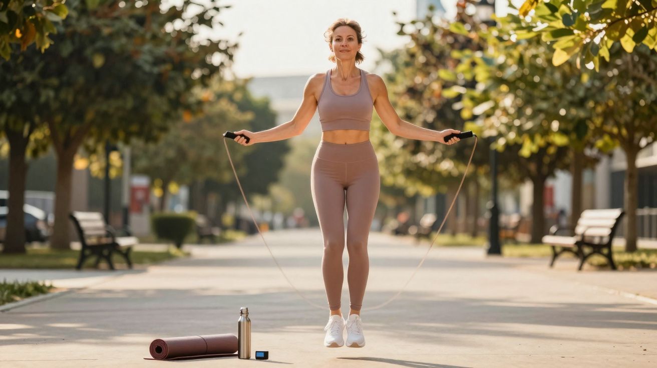 Kobieta ćwiczy skakanką na świeżym powietrzu, obok mata do jogi i bidon z wodą.
