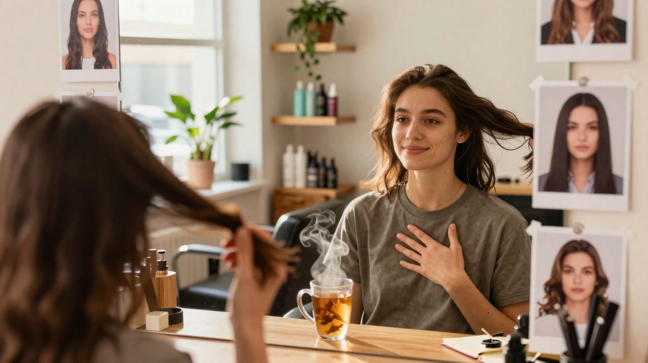 Kobieta siedzi przed lustrem w salonie fryzjerskim, trzymając włosy, obok parująca herbata.