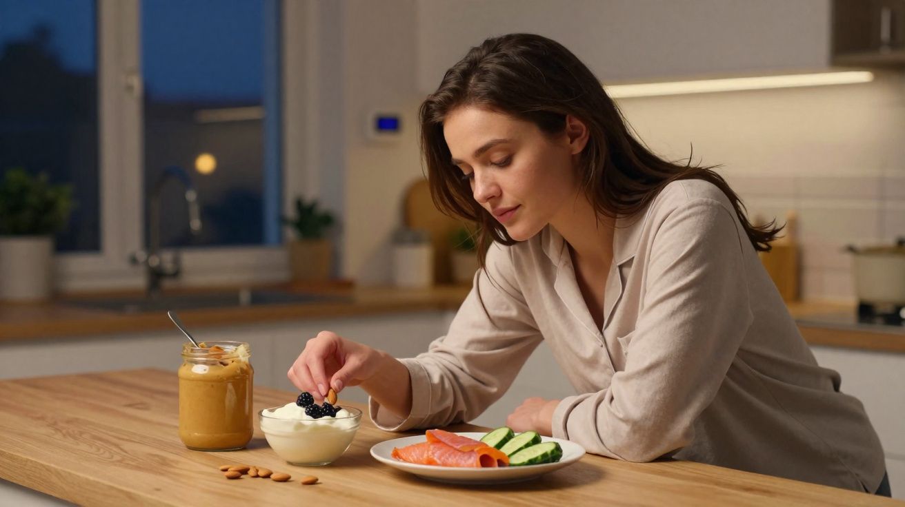 Kobieta w kuchni dekoruje jogurt owocami, na stole słoik masła orzechowego i talerz z łososiem i warzywami.