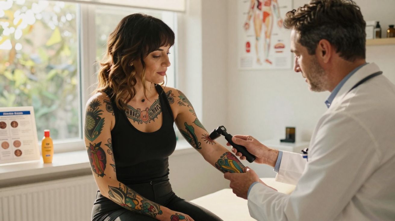Lekarz bada tatuaże na ramieniu kobiety w gabinecie medycznym.