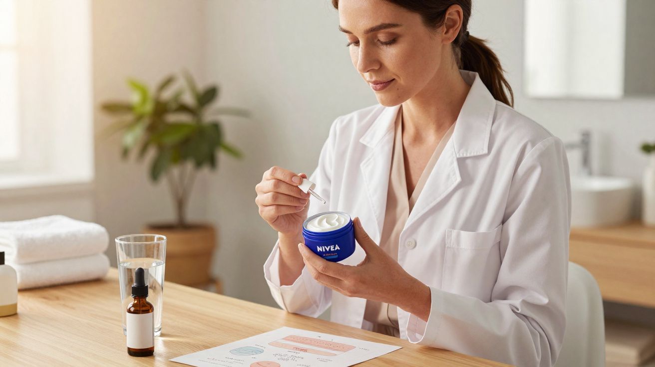 Kobieta w białym fartuchu trzyma słoik kremu Nivea i nabiera krem pipetą przy biurku.