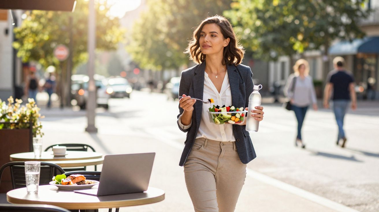 Kobieta w eleganckim stroju idzie ulicą, jedząc sałatkę i pijąc wodę z butelki.