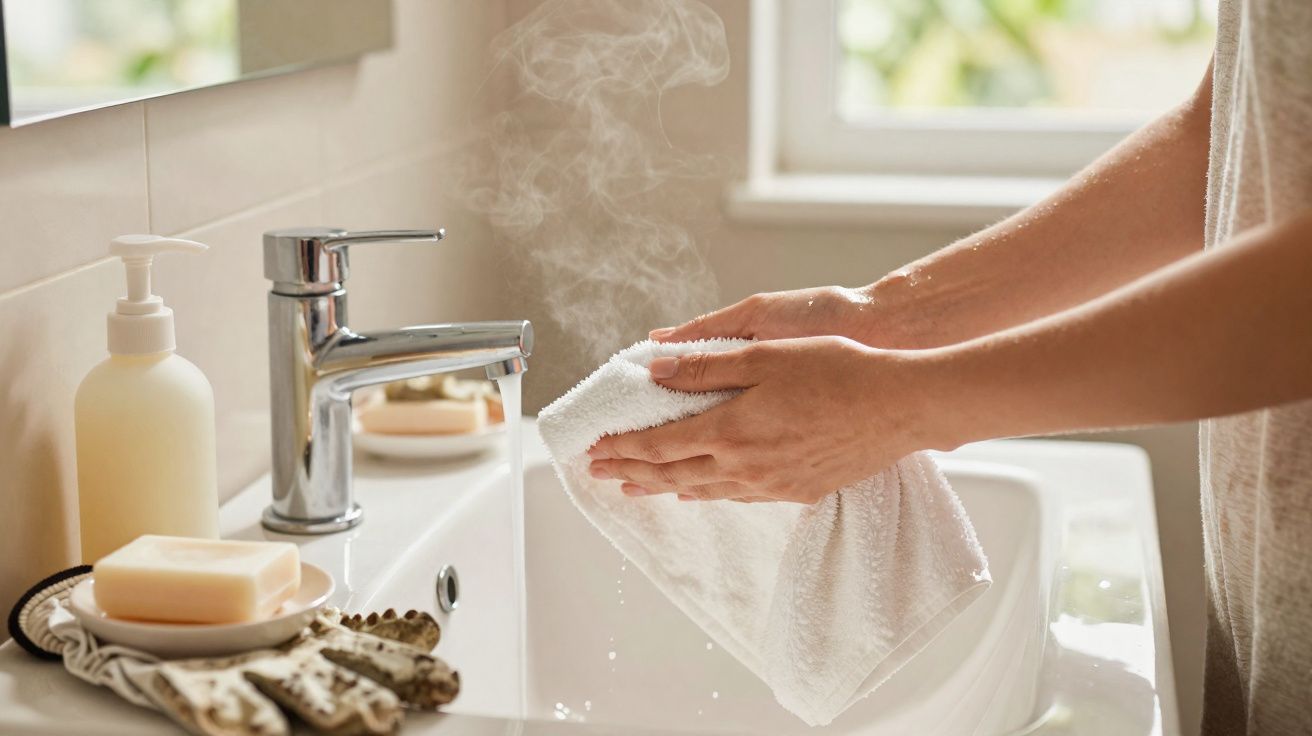 Osoba suszy ręce białym ręcznikiem nad umywalką z parującą ciepłą wodą w łazience.