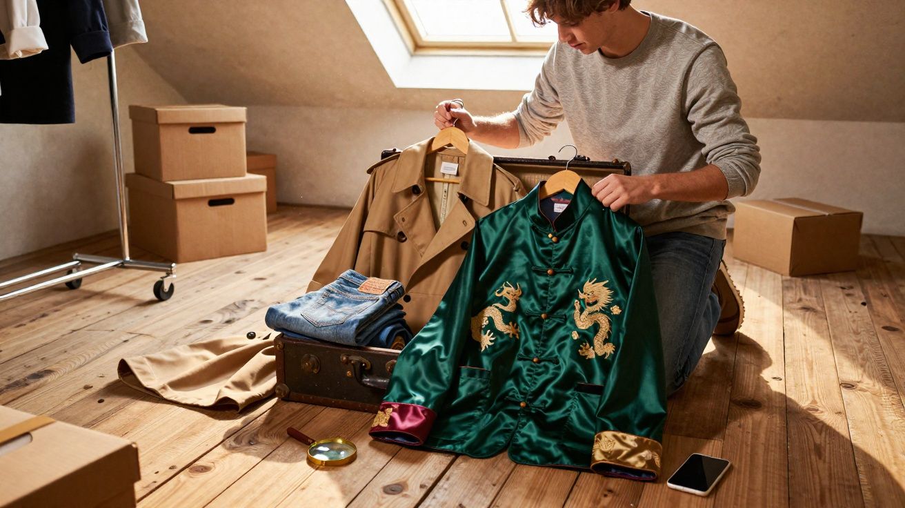 Mężczyzna pakuje do walizki ubrania w jasnym pokoju na poddaszu z drewnianą podłogą.