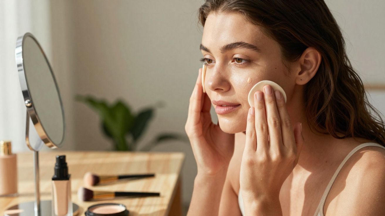 Kobieta aplikująca podkład na twarz za pomocą gąbki przy toaletce z lusterkiem i kosmetykami.