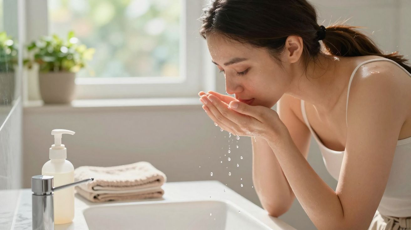 Kobieta myje twarz wodą nad umywalką w jasnej łazience z ręcznikami i dozownikiem mydła.